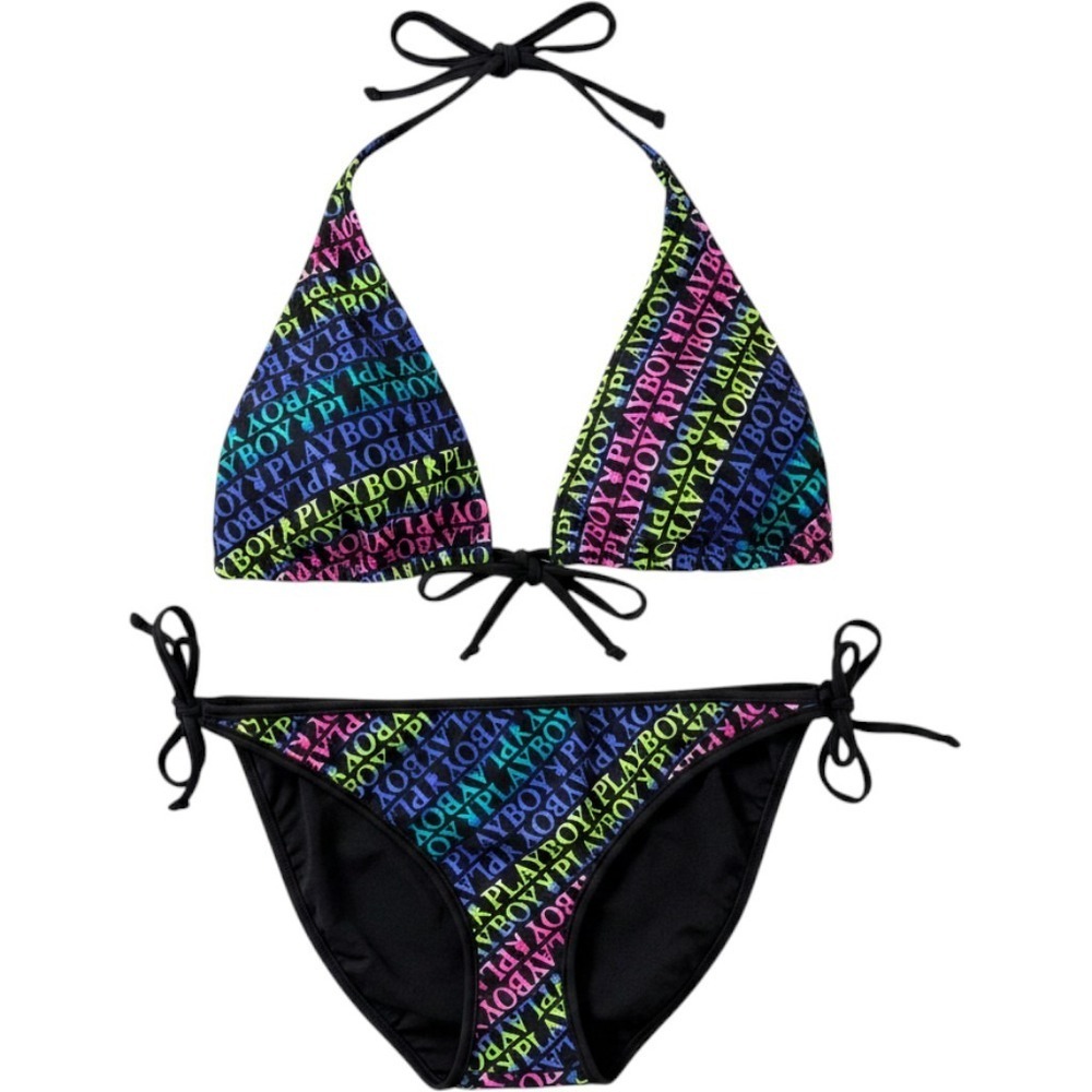 Playboy Bikini Set Womens Medium Black Multicolor Neon Logo Bunny Pool Party